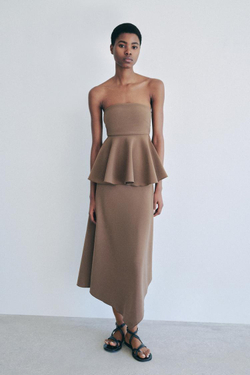 ZARA ТОП ИЗ КРЕПА БЕЗ БРЕТЕЛЕЙ, СЕРОВАТО-КОРИЧНЕВЫЙ