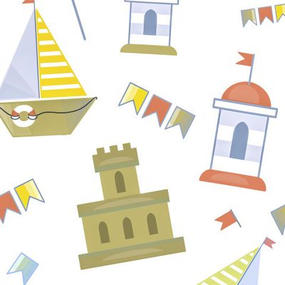 Лодка, парусник, замок из песка, морской декор на белом фоне