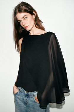 ZARA БЛУЗА С КОМБИНИРОВАННОЙ НАКИДКОЙ, ЧЕРНЫЙ