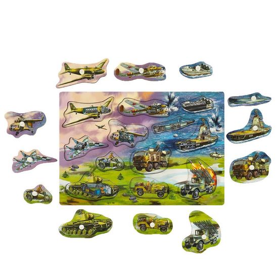 Деревянная рамка-вкладыш с ручками «Военная техника» 28*19,5 см,термопак Буратино