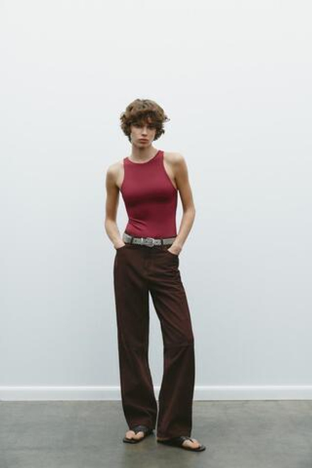 ZARA БОДИ ИЗ ПОЛИАМИДА С ГОРЛОВИНОЙ ХАЛТЕР, ГРАНАТОВЫЙ