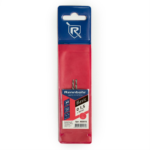 Сверло по металлу, ЦХ, 1,5x40мм, HSS-R, 2 шт/уп, RENNBOHR BASIC