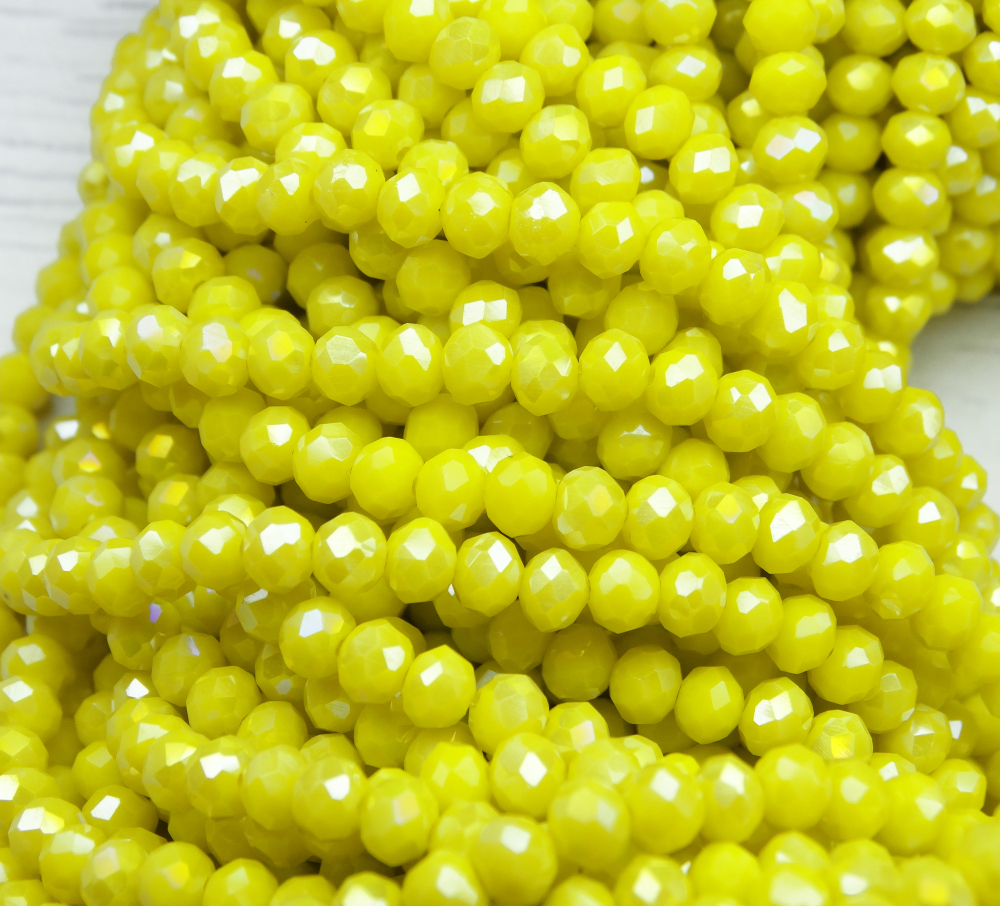 БН005ДС34 Хрустальные бусины "рондель", цвет: желтый AB непрозрачный, 3х4 мм, кол-во: 95-100 шт.