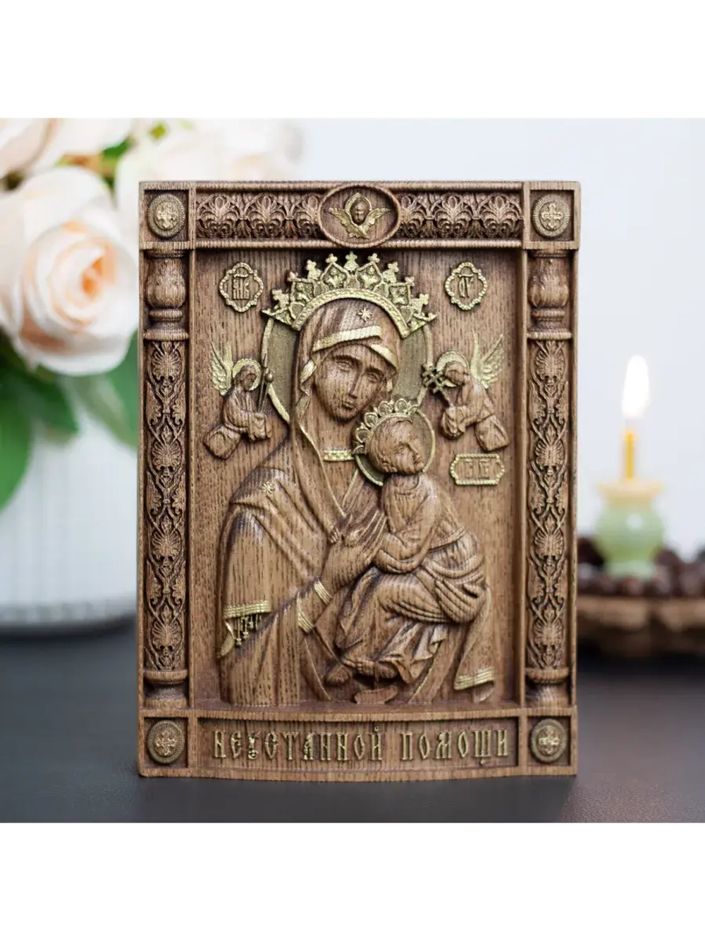Неустанной Помощи икона Божией Матери деревянная, ясень 01