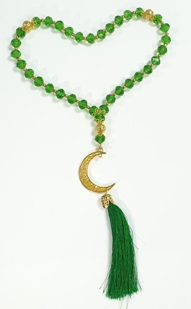 Амулет подвеска мусульманский с золот. полумесяцем, стекл. бусами и бахромой, зеленый (KPR)