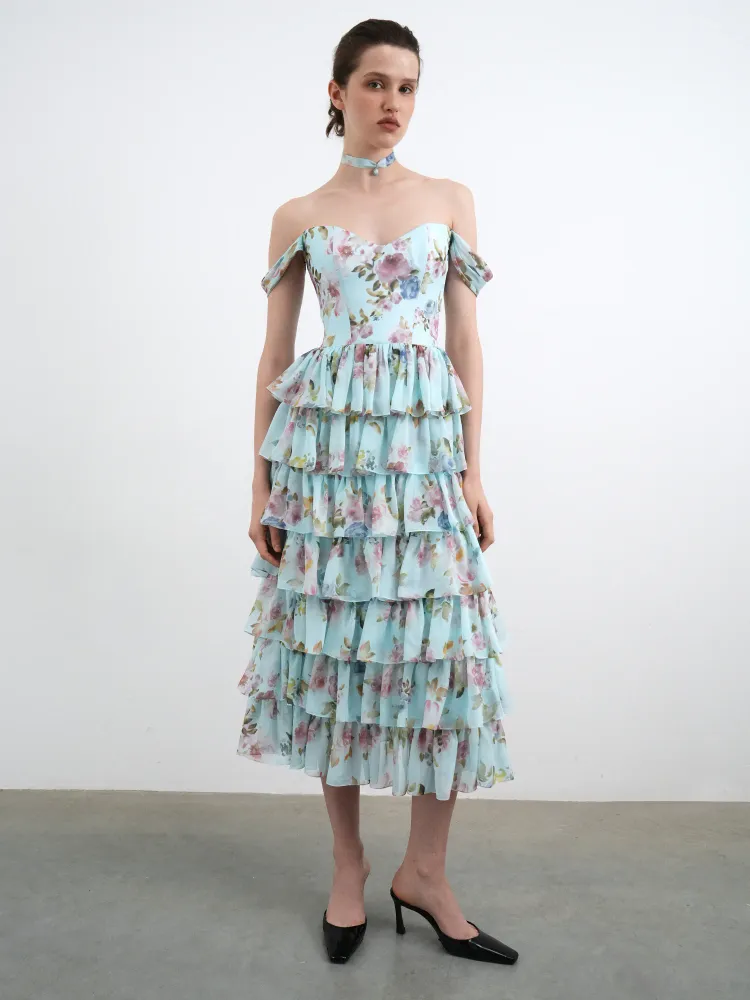 Лисен миди (Lisen midi), платье миди корсетное из голубого шифона с цветочным принтом