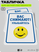 Табличка для частной территории "Вас снимают, улыбайтесь", на дом, для участка, организаций и частных территорий, предупреждающая, 40х30 см, Silver Plane x Айдентика Технолоджи