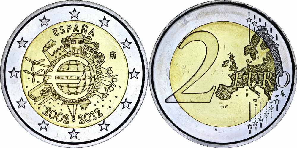 Испания 2 евро, 2012 10 лет наличным UNC
