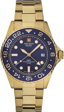С браслетом Мужские наручные часы с золотистым браслетом Swiss Alpine Military 7052.1115 GMT diver 42mm 10ATM