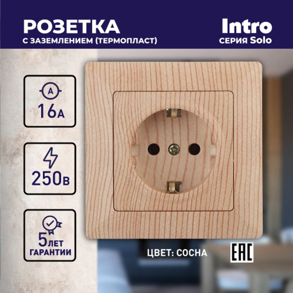 Розетка Intro Solo 4-202-11 с заземлением 2P+E Schuko, 16А-250В, IP20, СУ, сосна