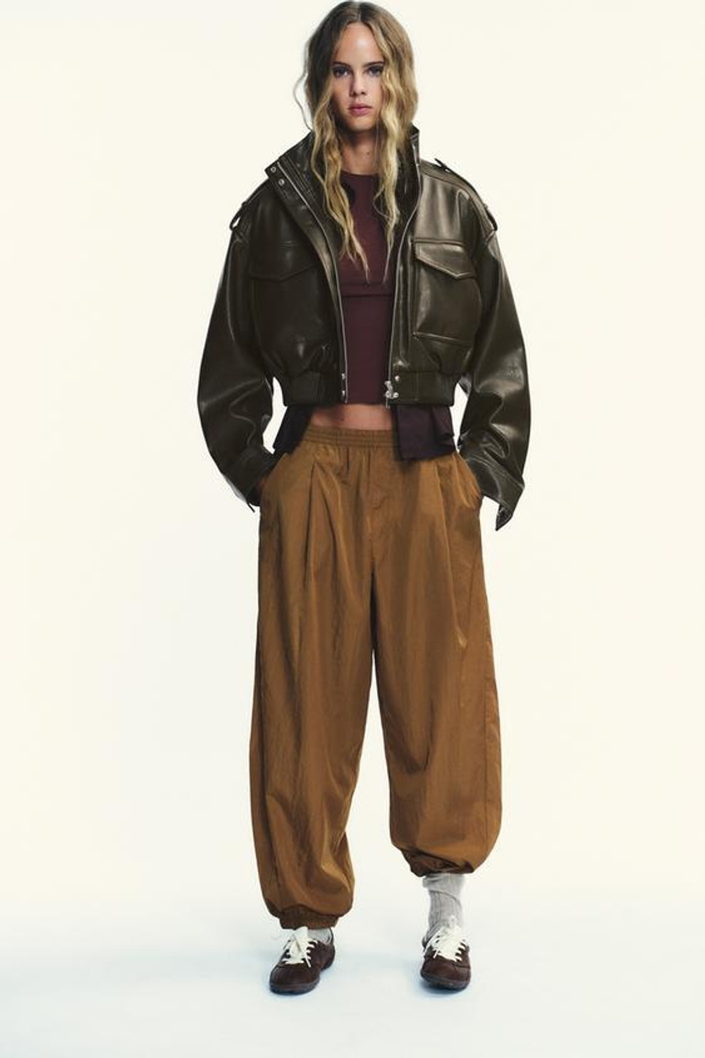 ZARA БРЮКИ-ШАРОВАРЫ ИЗ НЕЙЛОНА С ЭЛАСТИЧНЫМИ МАНЖЕТАМИ, ГОРЧИЧНЫЙ