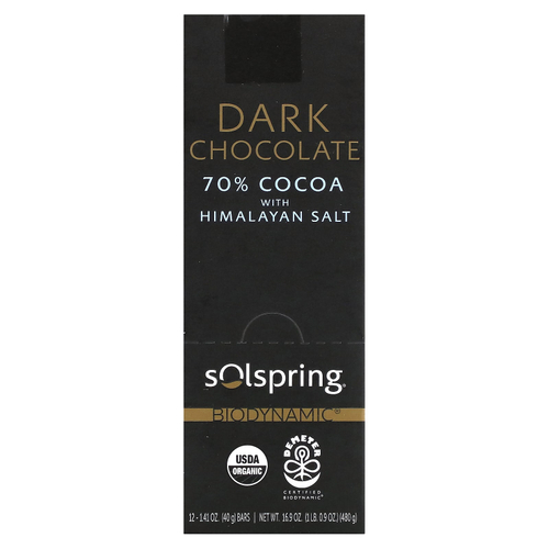 Dr. Mercola, Solspring®, Biodynamic®, темный шоколад, 70% какао с гималайской солью, 12 плиток по 40 г (1,41 унции)