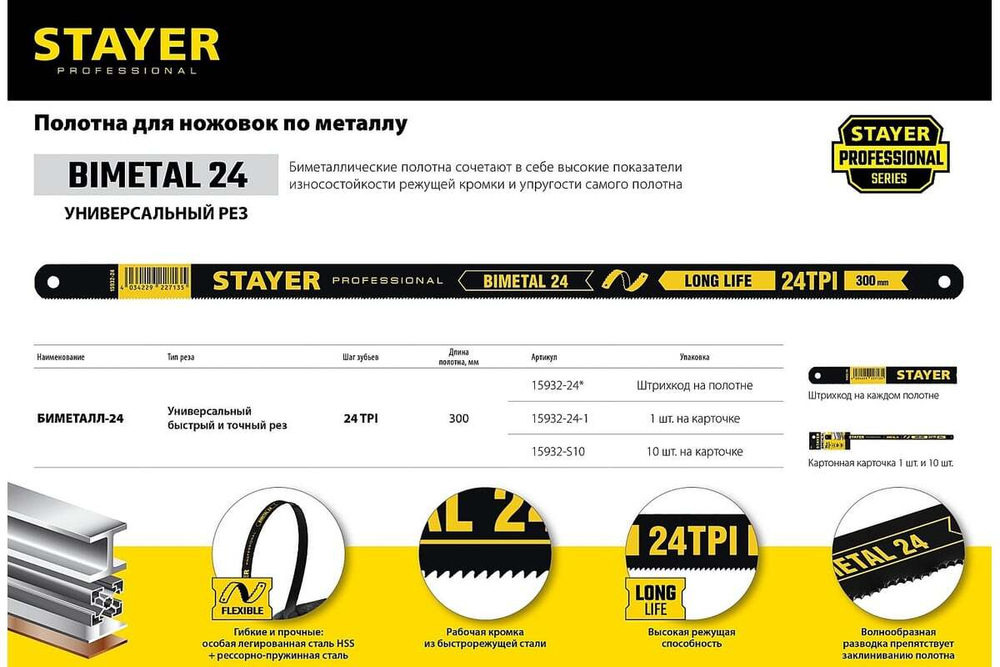 Биметаллическое полотно по металлу STAYER Bimetal-24 300 мм 15932-24