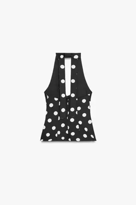 ZARA ТОП В ГОРОШЕК С ГОРЛОВИНОЙ ХАЛТЕР И БАНТОМ НА СПИНЕ, ЧЕРНЫЙ/БЕЛЫЙ