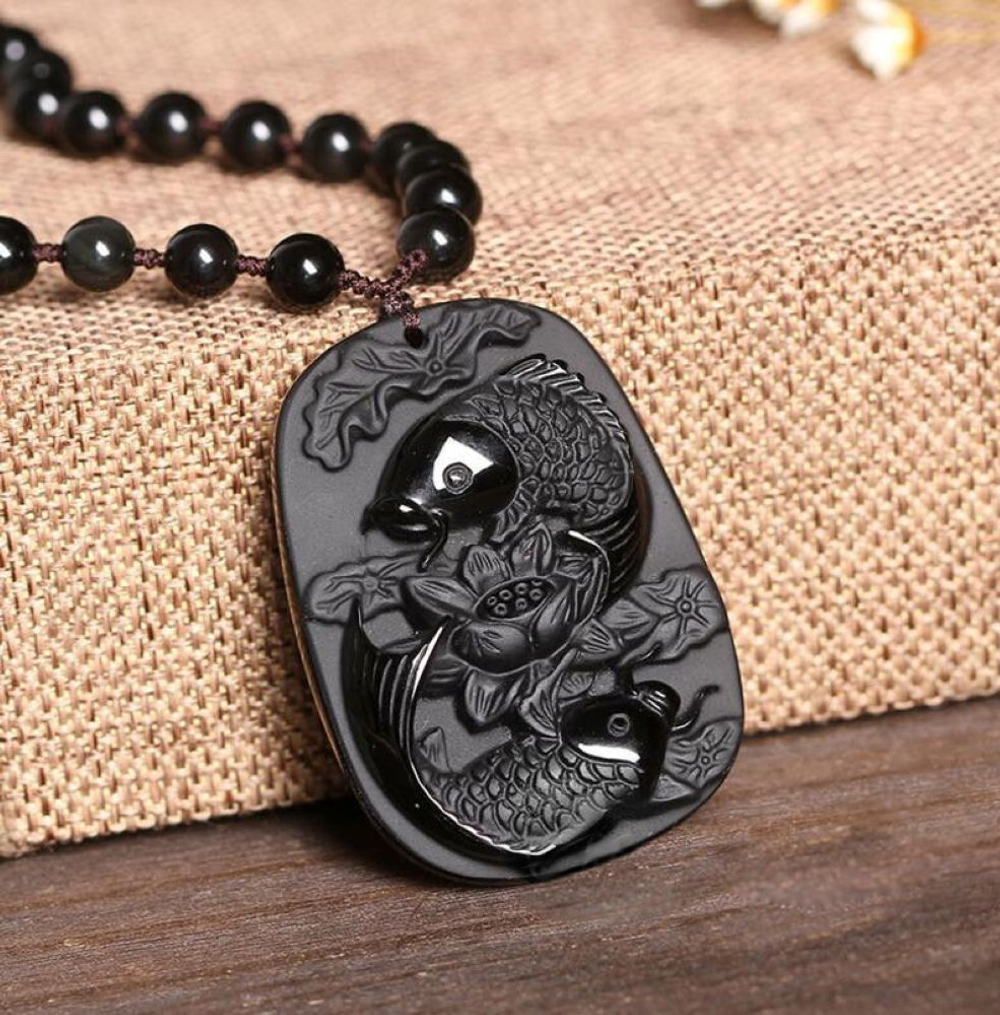 Подвеска Карпы Счастья и Удачи Натуральный обсидиан О-13