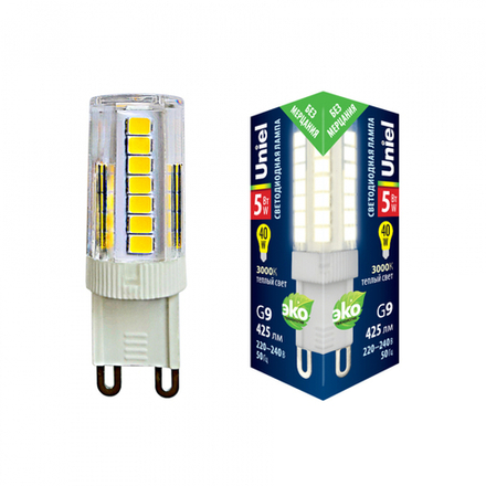 LED-JCD-5W-3000K-G9-CL GLZ09TR Лампа светодиодная. прозрачная. Теплый белый свет 3000К. Картон. ТМ Uniel.