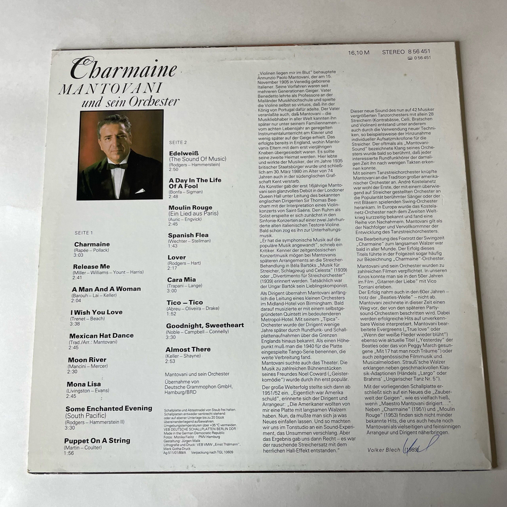 Винтажная виниловая пластинка LP Mantovani Und Sein Orchester,Mantovani and His Orchestra, Charmaine (ГДР 1989)