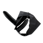 Чёрный латексный страпон с вагинальной пробкой STRAP ON WITH DOUBLE DILDO TWO TIMES LATEX - 16 см. (Цвет: черный)