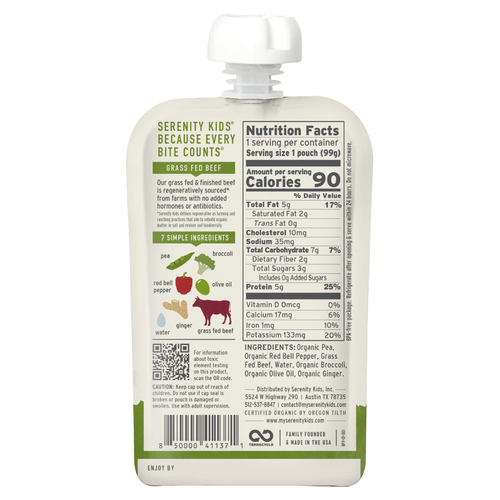 Serenity Kids, говядина травяного откорма с имбирем, горохом, болгарским перцем и брокколи, для детей от 6 месяцев, 99 г (3,5 унции)