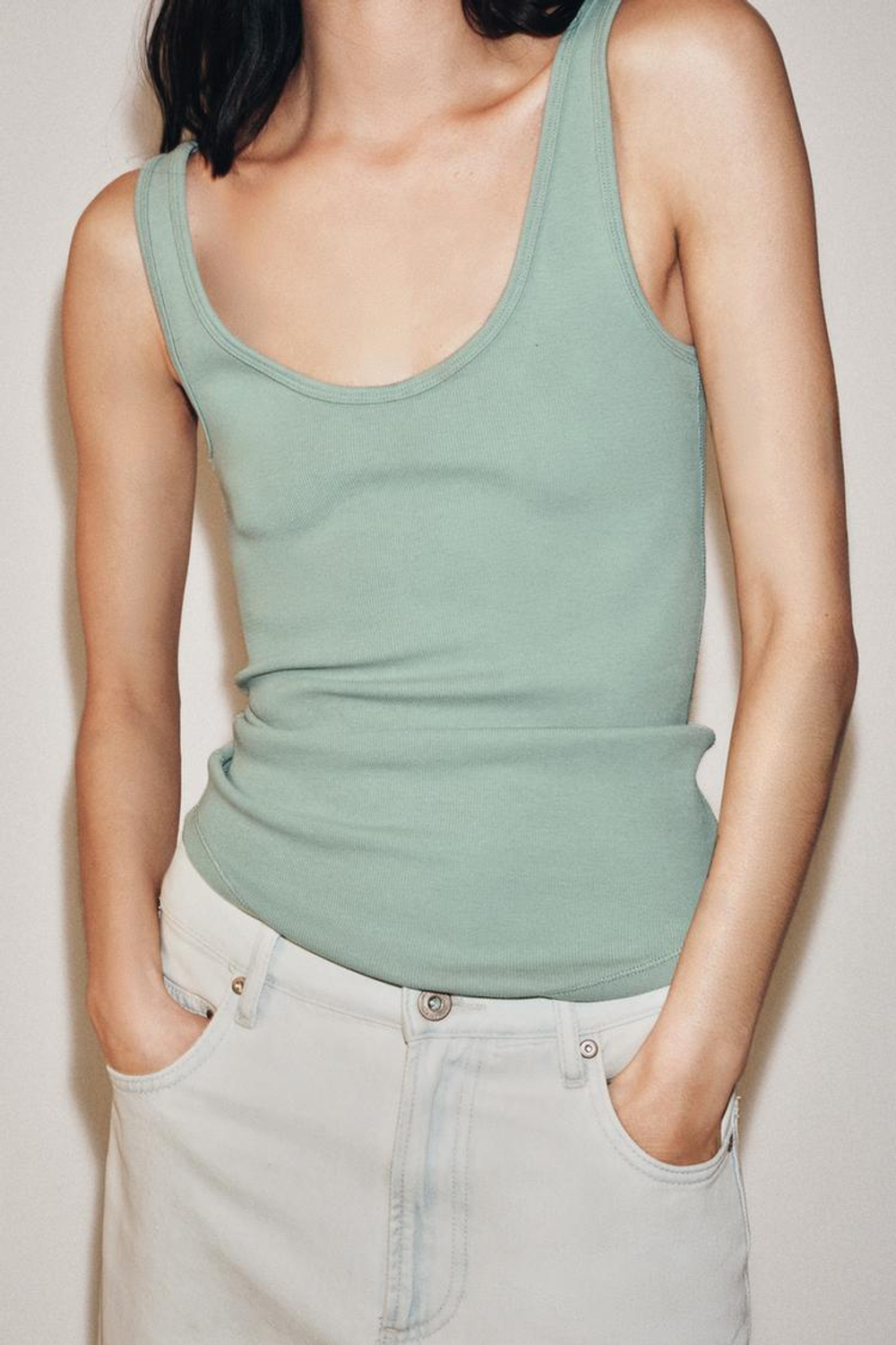 ZARA ХЛОПКОВЫЙ ТОП НА БРЕТЕЛЯХ, ЗЕЛЕНОВАТЫЙ