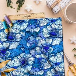 Ткань премиум сатин бело-голубой цветник