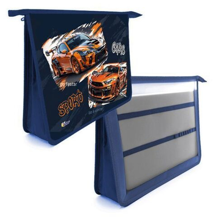 Папка д/труда А4 (340*245*75) 2отд. молния сверху, пластик "Спорткары"