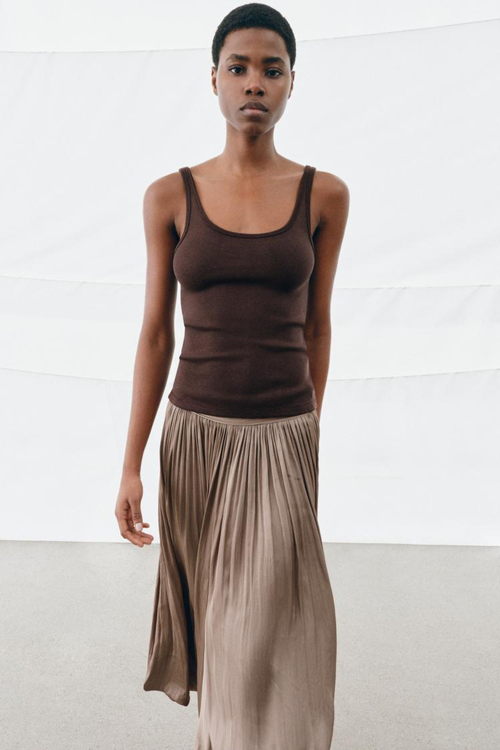 ZARA МАЙКА НА БРЕТЕЛЯХ, КОРИЧНЕВЫЙ