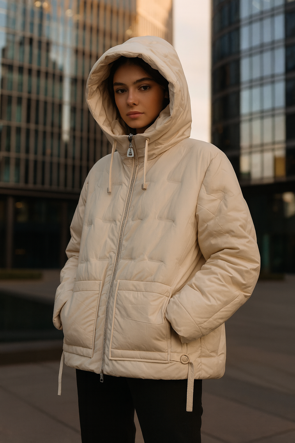 Brooke — укороченная куртка в молочном оттенке с капюшоном и ремешками