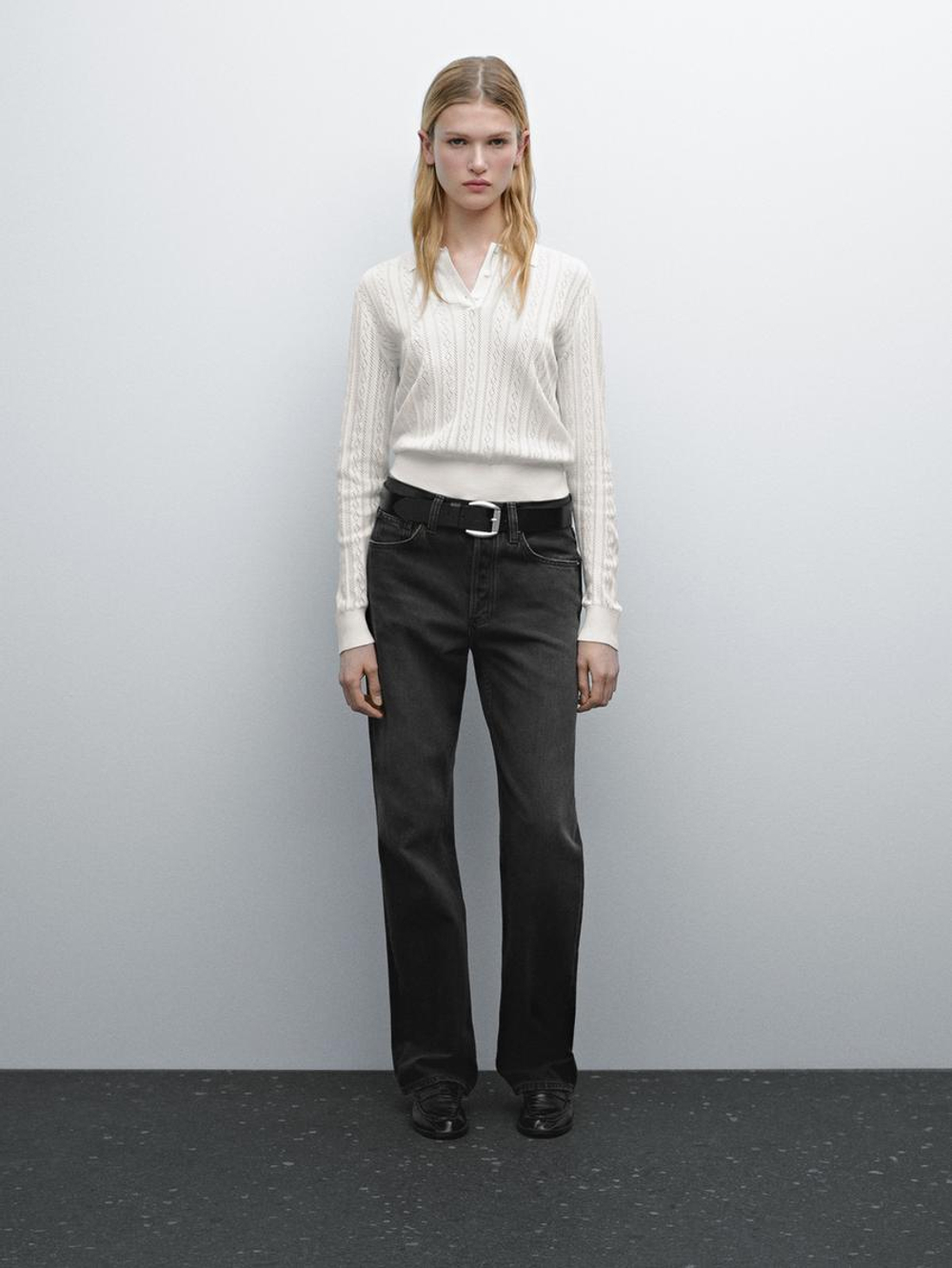 Massimo Dutti Трикотажный свитер из смесового хлопка с воротником поло, натуральный, кремовый