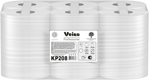 Полотенца бумажные с центральной вытяжкой Veiro Professional Comfort KP208, 2-слойные, белые, 100 метров, 6 рулонов в упаковке