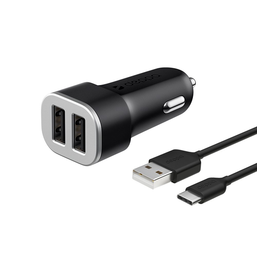 Автомобильное зарядное устройство 2 USB 2.4А + кабель USB Type-C, черный, Ultra