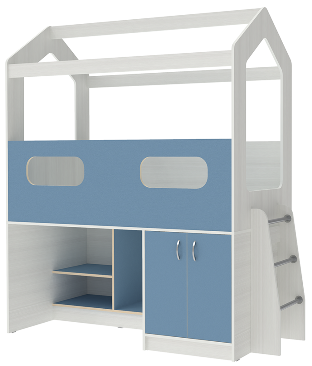 Кровать-чердак КарИВи ДС-12 Белое Дерево Светло-синий, голубой