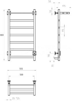 Полотенцесушитель электрический EWRIKA Пенелопа КВ7 80x55 см, подключение справа, слева, скрытое подключение справа, графит, лесенка, из стали, с полкой