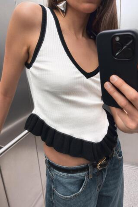 ZARA ТРИКОТАЖНЫЙ ТОП С КОНТРАСТНЫМИ ДЕТАЛЯМИ, БЕЛЫЙ/ЧЕРНЫЙ