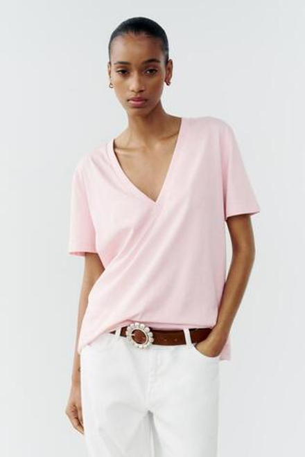ZARA ФУТБОЛКА ИЗ ХЛОПКА С ЭНЗИМНОЙ ОБРАБОТКОЙ, СВЕТЛО-РОЗОВЫЙ