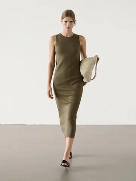 Massimo Dutti Меланжевое платье миди в рубчик, пестро-зеленый