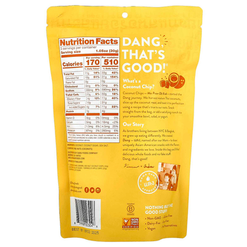 Dang Foods, Кокосовые чипсы, карамель и морская соль, 3.17 унц. (90 г)