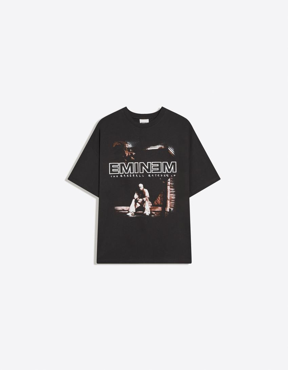 BERSHKA Футболка оверсайз с коротким рукавом и принтом Eminem, серый