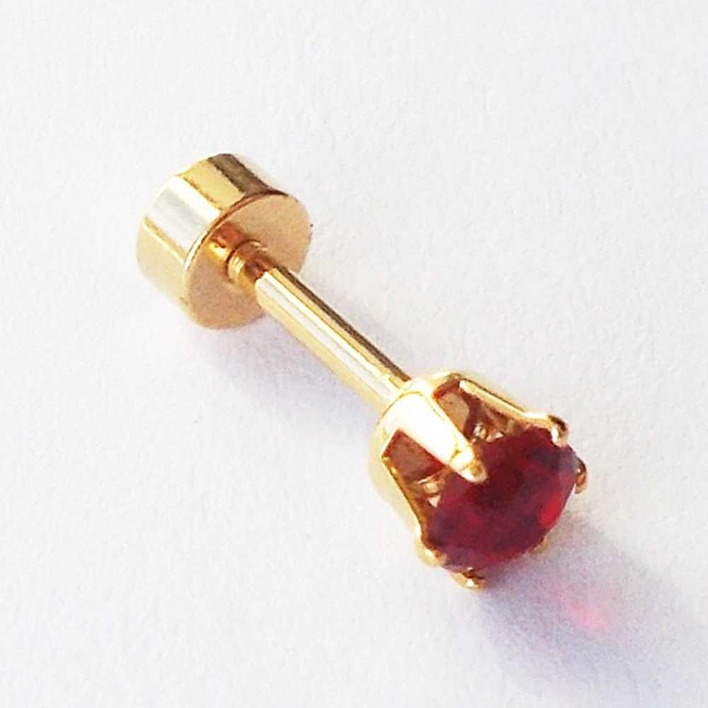 Микроштанга ( 6 мм) для пирсинга уха с красным кристаллом 4 мм. Медицинская сталь, золотое анодирование. 1 шт