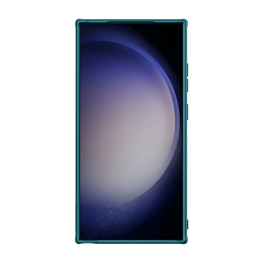 Чехол с вставками из кожи зеленого цвета (Exuberant Green) от Nillkin для Samsung Galaxy S24 Ultra, с откидной металлической крышкой для камеры, серия CamShield Prop Leather Case