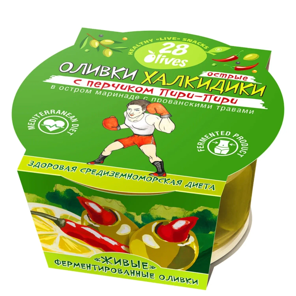 Оливки Халкидики с перчиком Пири-Пири в маринаде с прованскими травами 28Olives, 150 г, упаковка спереди