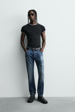 ZARA ДЖИНСЫ SLIM FIT С РАЗРЕЗАМИ, ВЫЦВЕТШИЙ СИНИЙ