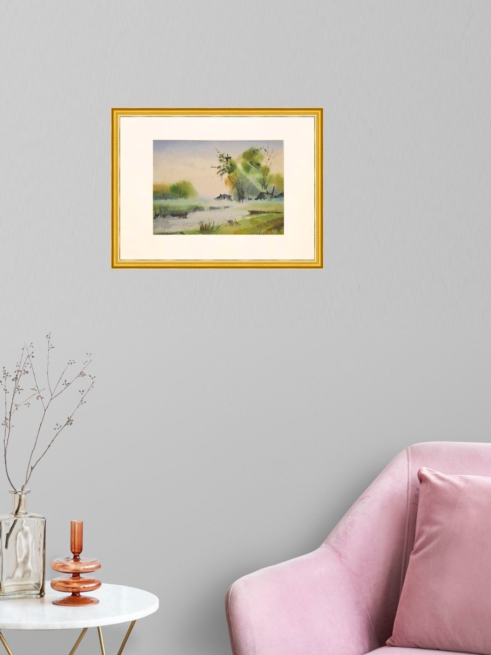 Картина авторская акварельная в паспарту 21х30 см на стену для интерьера "Утро туманное..."