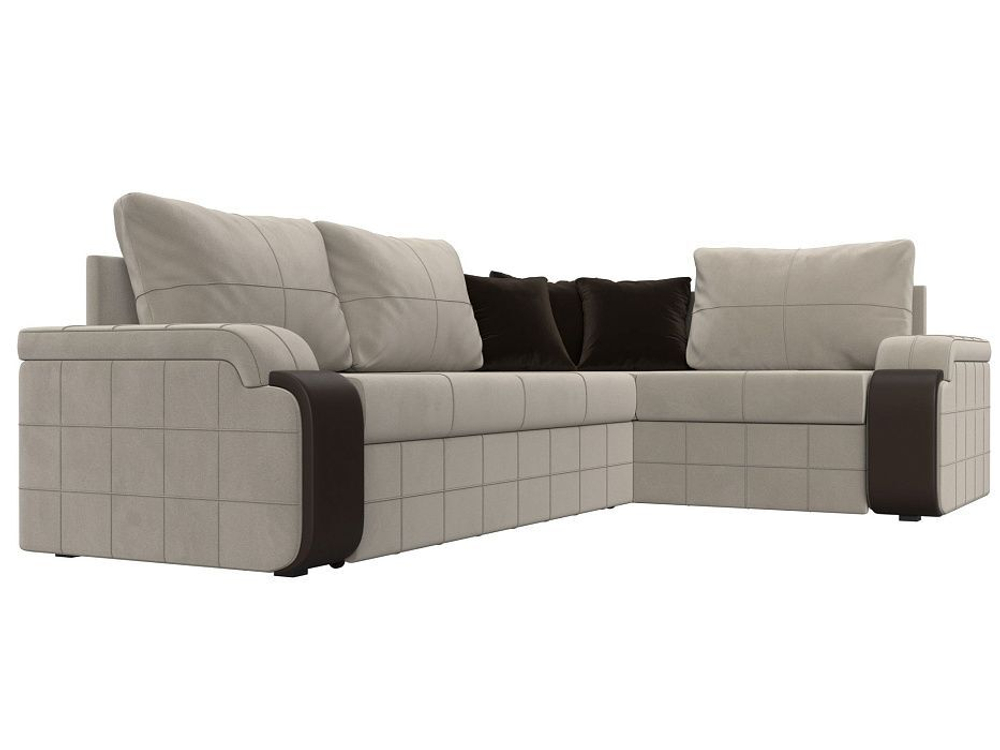 Диван угловой Николь правый угол, Бежевый\Коричневый\Коричневый, Микровельвет\Экокожа, 29377