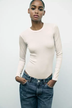 ZARA БОДИ ИЗ ХЛОПКА И МОДАЛА, ЭКРЮ