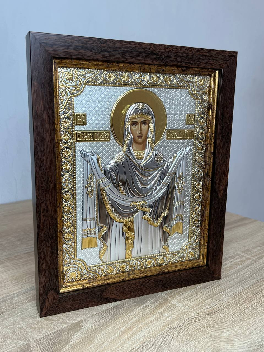 Покрова БМ, икона прямоугольная в рамке под стеклом, красное дерево 170х210