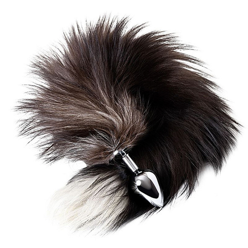 Серебристая металлическая анальная втулка 45см с хвостом чернобурой лисы размер S ToyFa Metal 712026-S