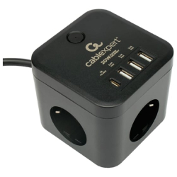 Сетевой фильтр Cablexpert Сетевой фильтр Cube CUBE-3-CU3-B-1.5 (3р, 10А, 1xType-C PD, 3xUSB, 1.5м, ур.защиты 4+) черный, коробка
