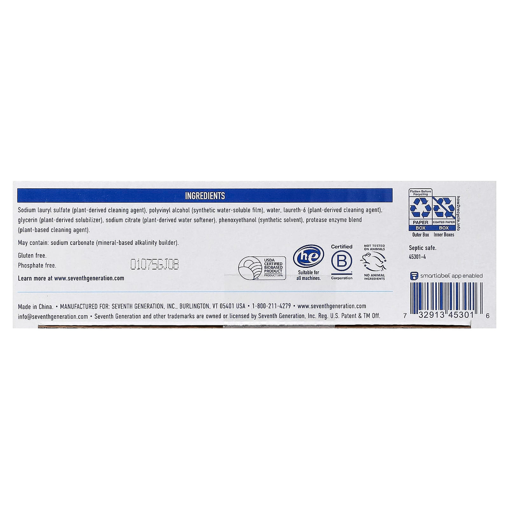 Seventh Generation, моющее средство для стирки, Free & Clear, 32 шт., 122,4 г (4,317 унции)