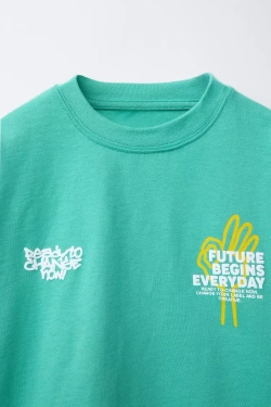 ZARA ФУТБОЛКА С РЕЛЬЕФНОЙ НАДПИСЬЮ, ЗЕЛЕНЫЙ